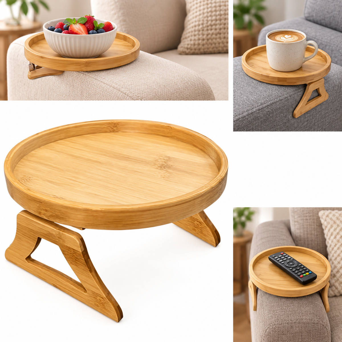 Tablette d'accoudoir NESTIVA en bois avec pieds repliables, utilisée avec un bol de fruits, une tasse de café et une télécommande