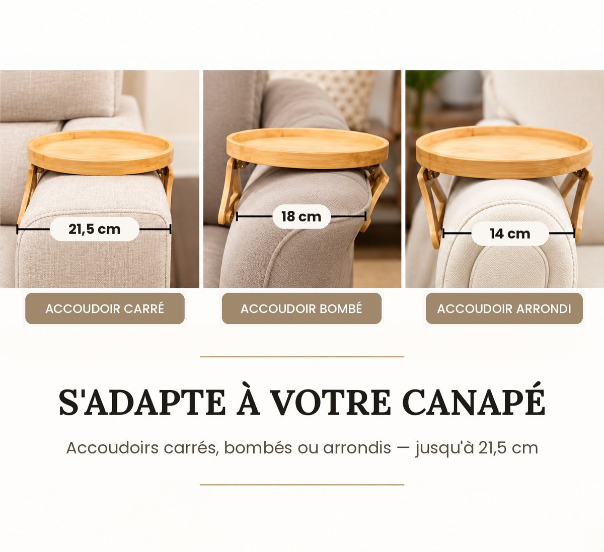 Tablette d'accoudoir NESTIVA compatible avec les accoudoirs carrés, bombés et arrondis de 14 à 21,5 cm